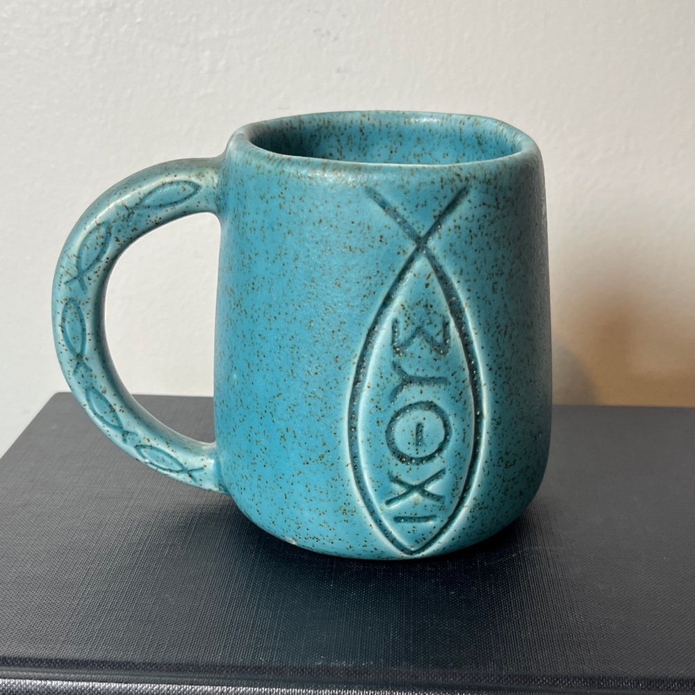 Handmade Art Pottery Blue Speckle Jesus Fish IXOYE Coffee Tea Hot Cocoa 12oz Mug